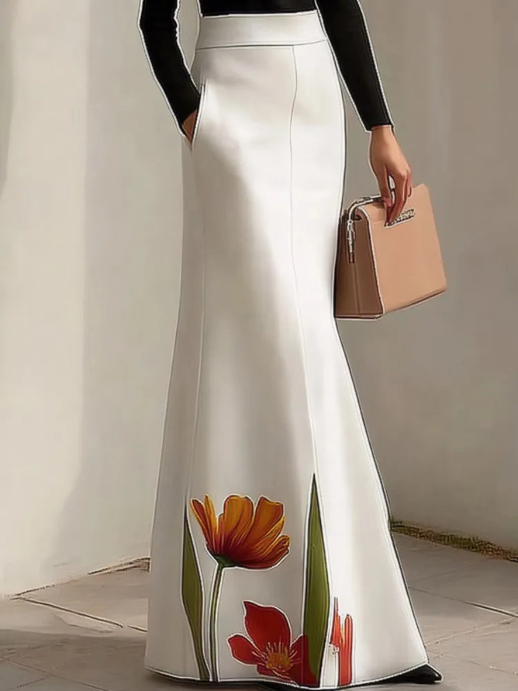 Missuoo 2025 Summer Fashion Women's White Floral Print Mermaid Maxi Skirt Elastic High Waist Bodycon Elegant Evening Skirts