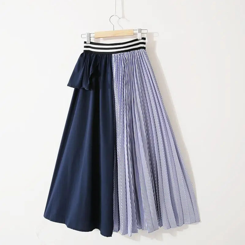Fashion New Spring Women's Elastic Waist Striped Contrast Color Patchwork Irregular Flounce Pleated High Waist A-line Skirts