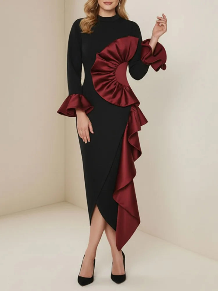 Freeacy Women's Black Red Ruffled Dress High Neck Long Sleeves High Waist Slim Fit Midi Dress Female Elegant Evening Dresses