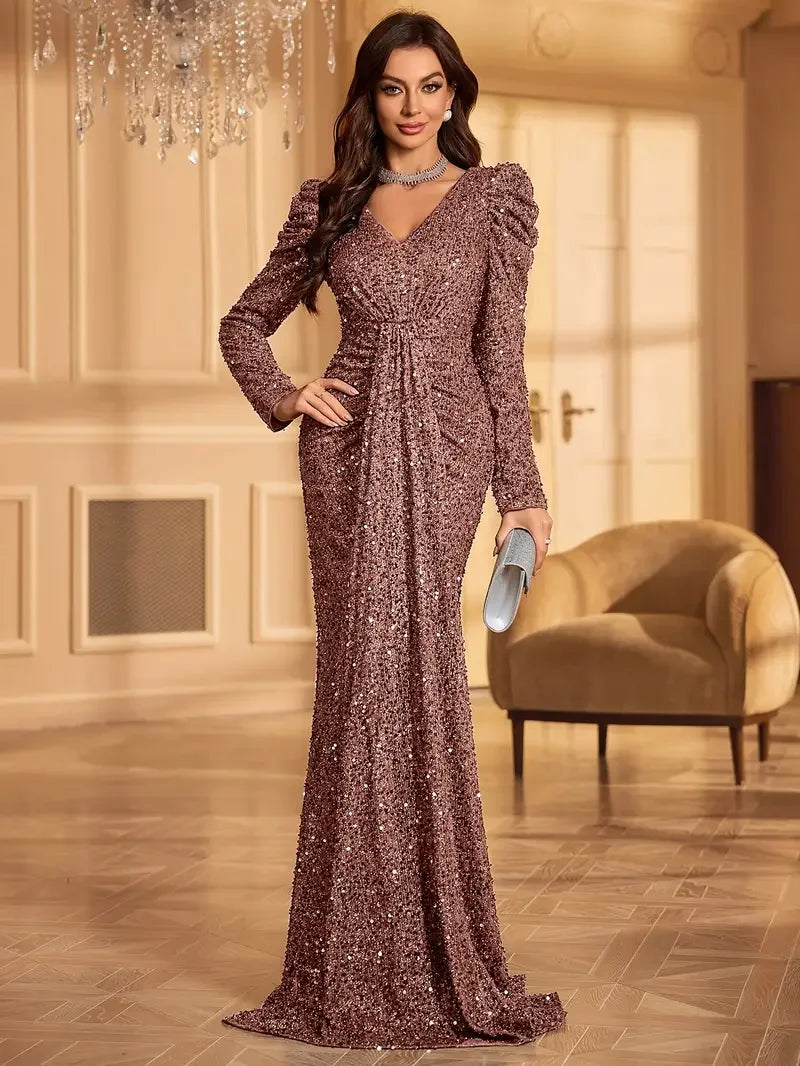Elegant Women's Long-Sleeve V-Neck Evening Dress - Perfect for Weddings, Birthdays & Parties