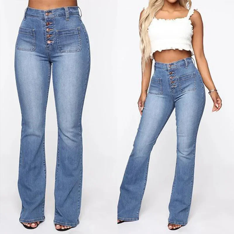 2025 Button Fly Wide Leg Jeans Women's Elastic High Waist Skinny Denim Long Pants Casual Slim Spring Pocket Trousers Streetwear