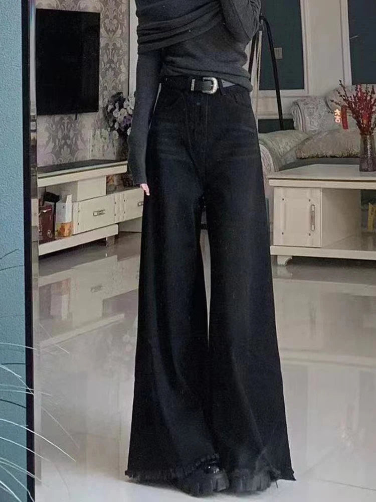 Black Wide Leg Jeans Women Autumn Vintage Raw Edge Tassels Bootcut Denim Pants Loose High Waist Streetwear Harajuku Trouser New
