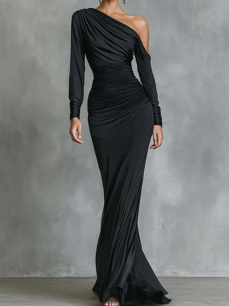 New Long Sleeve Patchwork Chic Maxi Dress, Spring Autumn Women Skew Collar Fashion Party Dress, 2026 Elegant Simple Ladies Dress