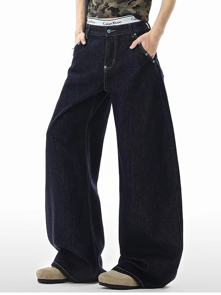 Y2K Deep Blue American Wide Leg Jeans Women New Spring Summer High Waist Skinny Loose Small Comfortable Floor Dragging Pants